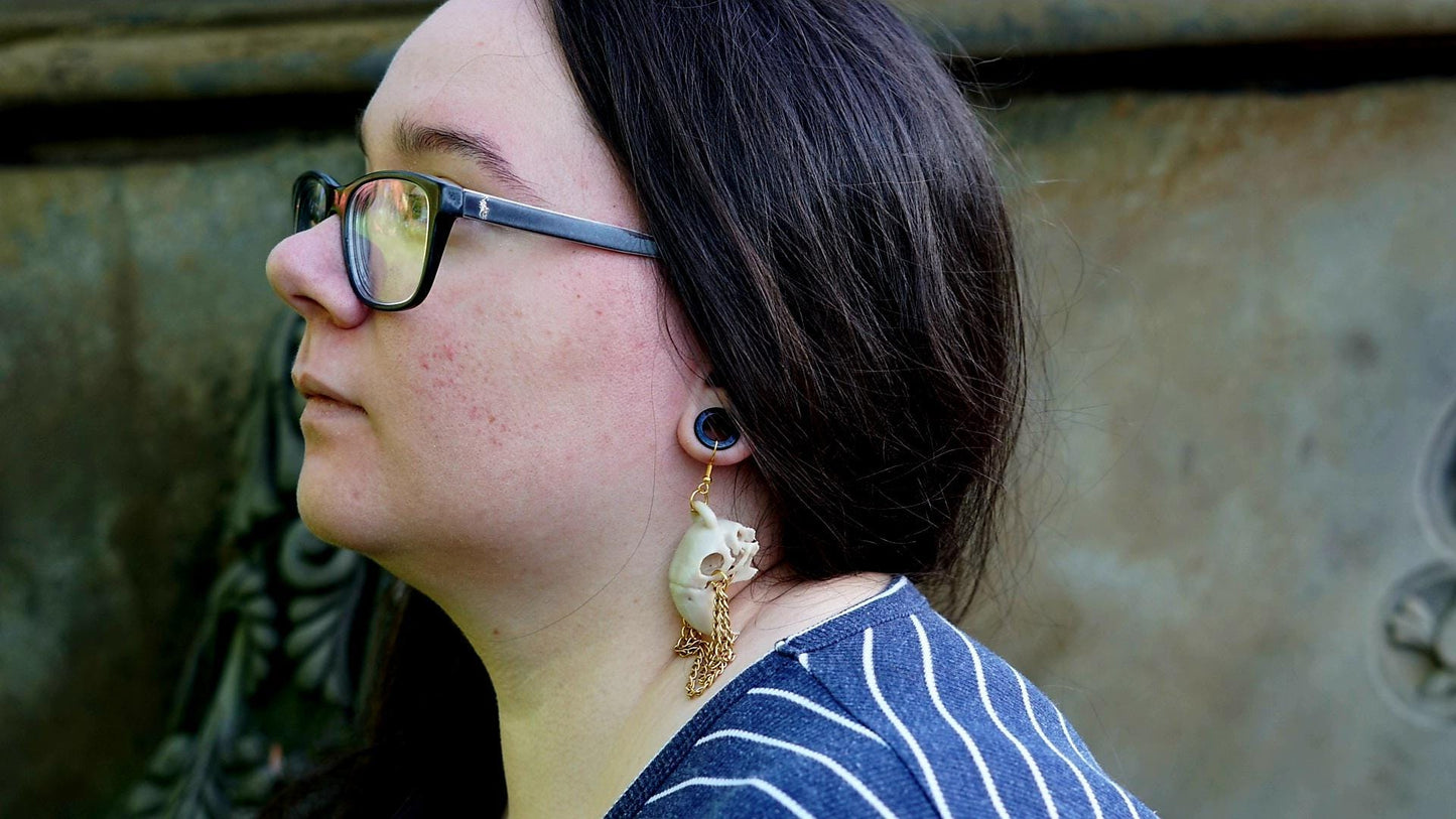 Guacamaya Crown: Macaw Skull Earring with Gold Chains